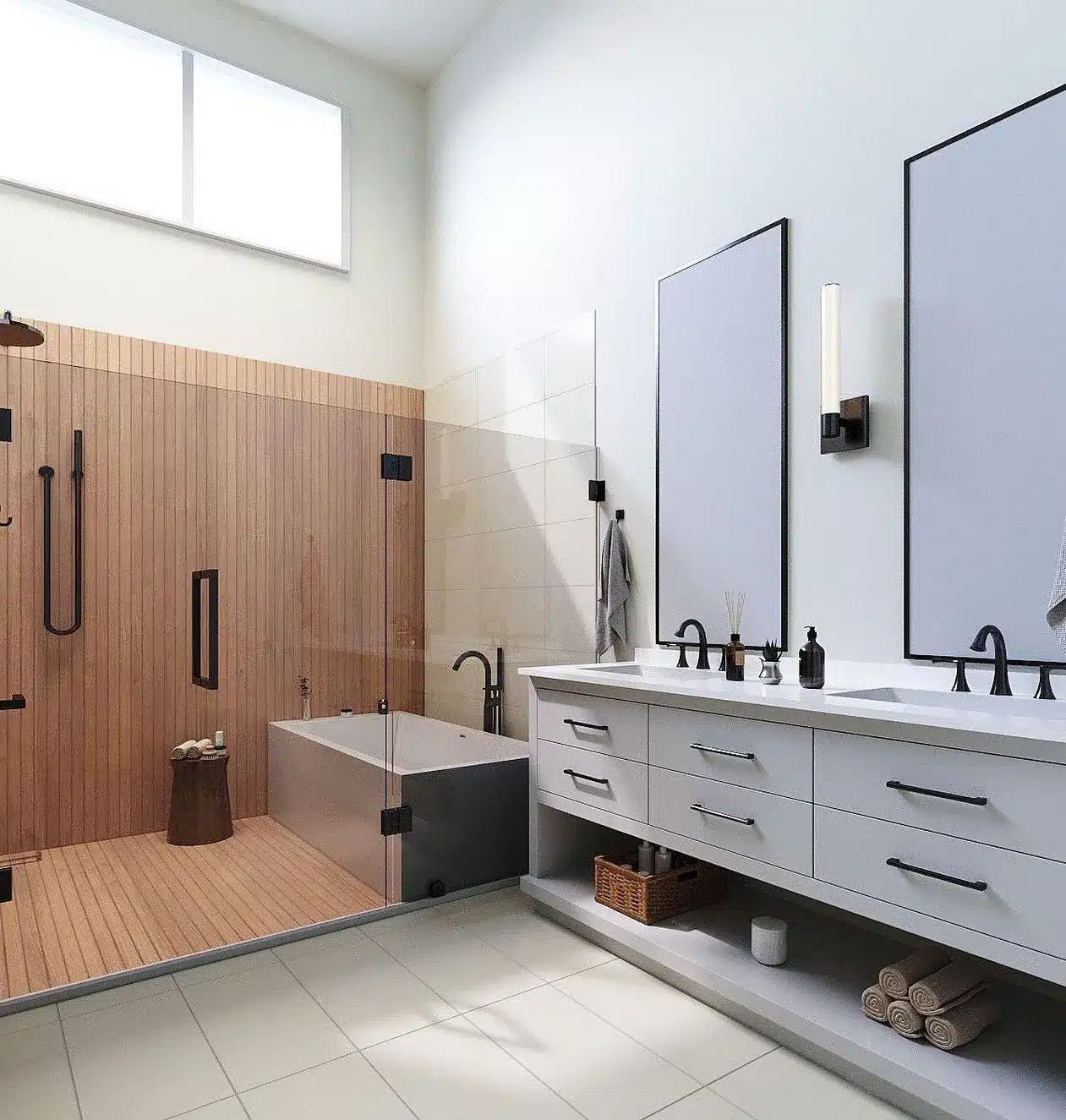 Modern double vanity and tile upgrade completed through Kitchen and Bathroom Remodeling in Summerlin South